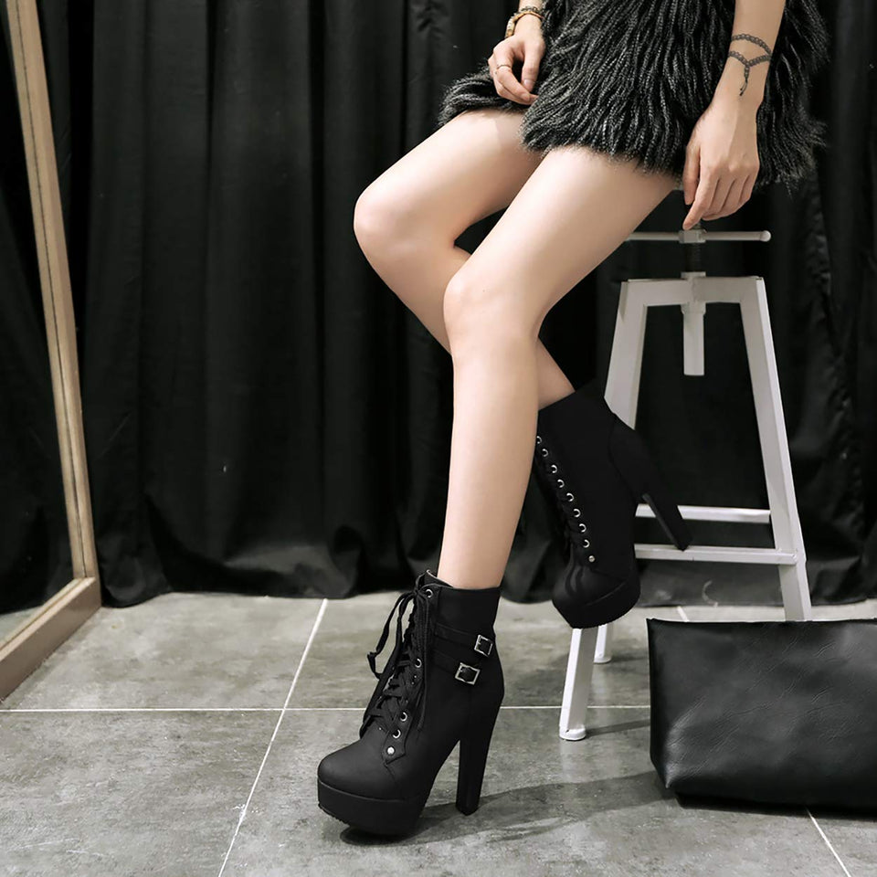 Susanny Women Autumn Round Toe Lace Up Ankle Buckle Chunky High Heel Platform Knight Martin Boots