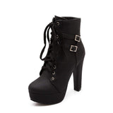 Susanny Women Autumn Round Toe Lace Up Ankle Buckle Chunky High Heel Platform Knight Martin Boots