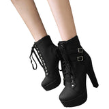 Susanny Women Autumn Round Toe Lace Up Ankle Buckle Chunky High Heel Platform Knight Martin Boots